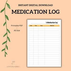 Printable Medication Log, Medication Tracker, Print at home Medicine and Supplement Tracker, Medication Record