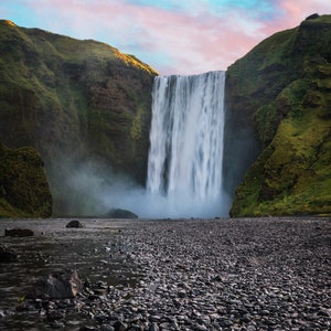 Nature photography, south Iceland landscape, majestic Skogafoss waterfall