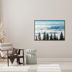Mountain landscape wall art, foggy mountains after sunrise