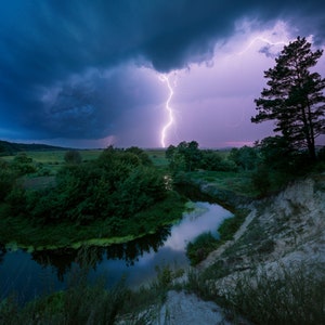Lightning photography print, stormy sky wall art