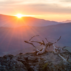 Fotografia del tramonto in montagna, stampa del tramonto dorato in montagna