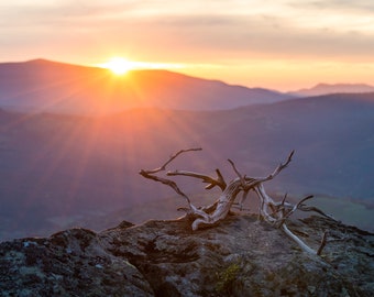 Mountain sunset photography, golden sunset in mountains print