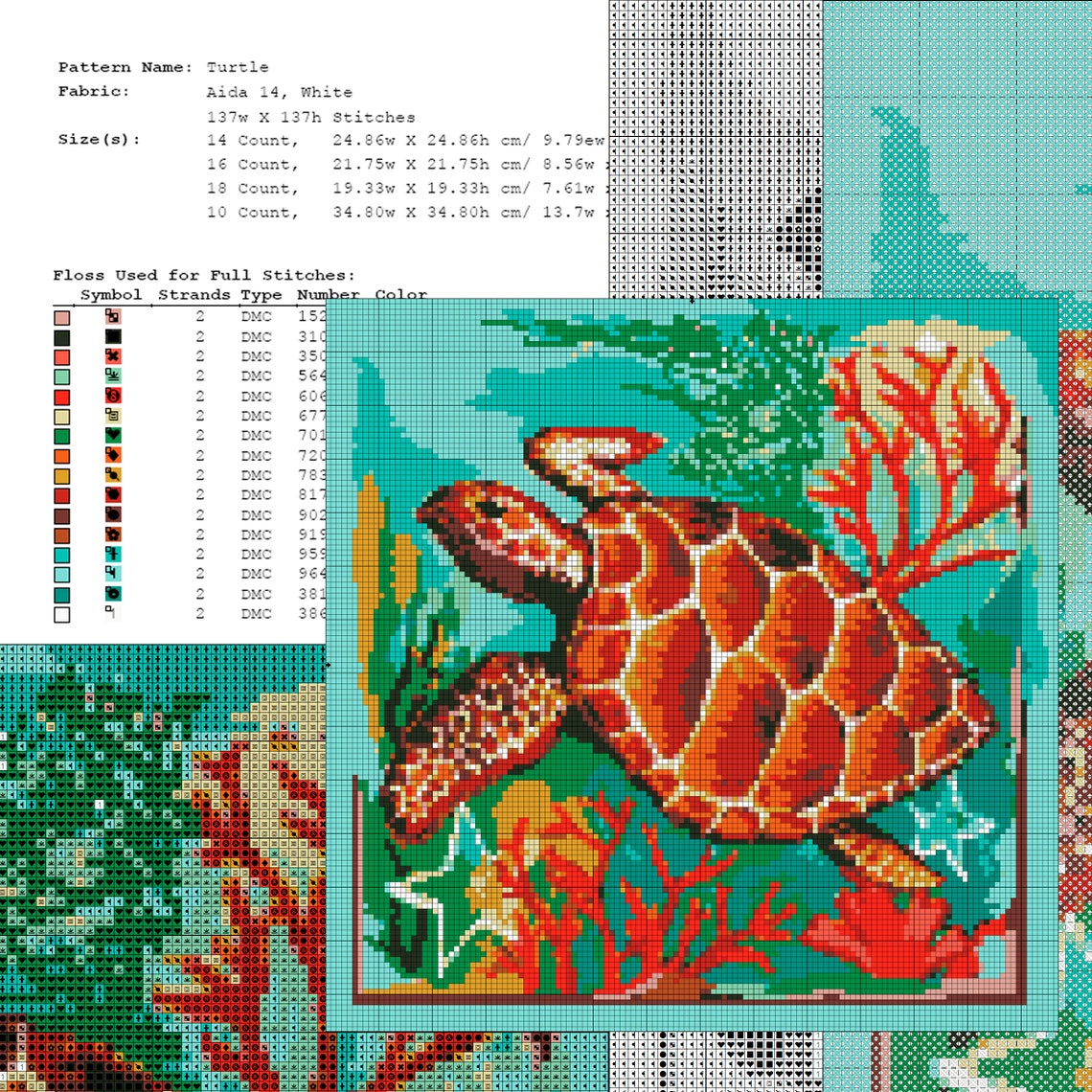 Cross Stitch Pattern sea Turtle With Corals Needlepoint Pattern