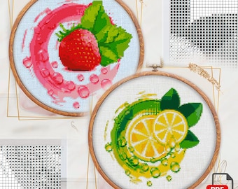 Cross Stitch Pattern "Lemon and Strawberry " DMC Cross Stitch Chart Needlepoint Pattern Embroidery Chart Printable PDF Instant Download