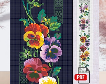 Modern Cross stitch pattern with "Coral Violet Flowers". Tablecloth pattern. Stitch Chart Needlepoint Pattern Embroidery Chart Printable PDF
