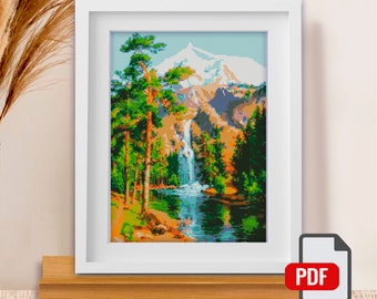 Cross Stitch Pattern "Waterfall in the Forest" DMC Cross Stitch Chart Needlepoint Pattern Embroidery Chart Printable PDF Instant Download