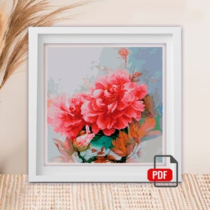 May include: A framed painting of pink peonies with green leaves and a white background.