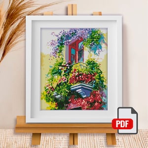 Cross Stitch Pattern "Balcony in flowers" DMC Cross Stitch Chart Needlepoint Pattern Embroidery Chart Printable PDF Instant Download