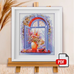 "Kreuzstichvorlage ""Offenes Fenster mit Blumen"" DMC Stickvorlage Stickvorlage Stickvorlage Stickvorlage Printable PDF Instant Download