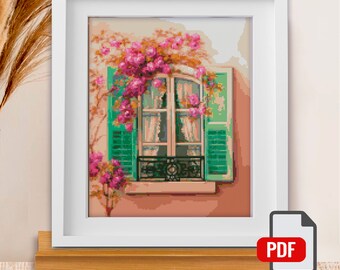Cross Stitch Pattern "Window in Flowers" DMC Cross Stitch Chart Needlepoint Pattern Embroidery Chart Printable PDF Instant Download