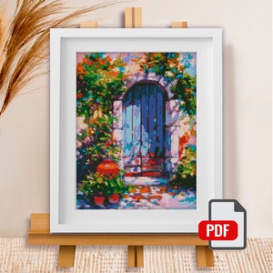 Cross Stitch Pattern "Blue Meditarrenian Door with Flowers" DMC Cross Stitch Chart Needlepoint  Chart Printable PD Instant Download