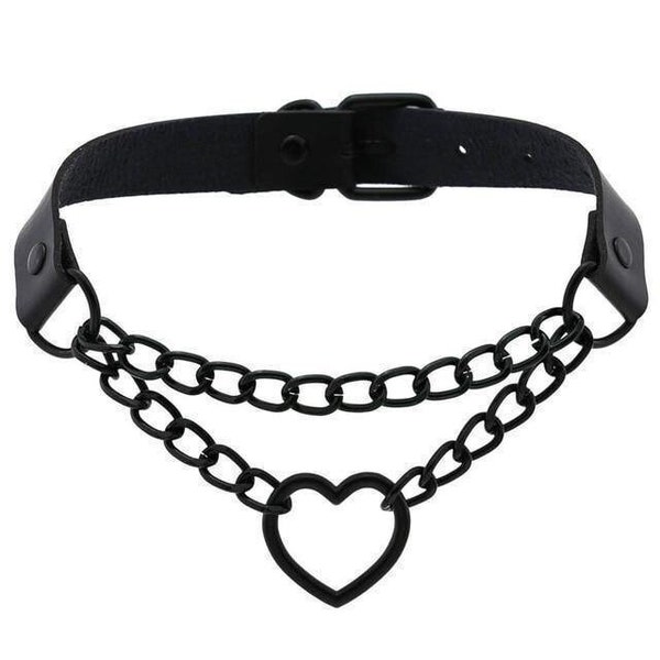 The "Contained" Choker - Black Vegan Leather, Black Metal Chains, Love Heart O-Ring - Gothic, Alternative, Cute, E-Girl