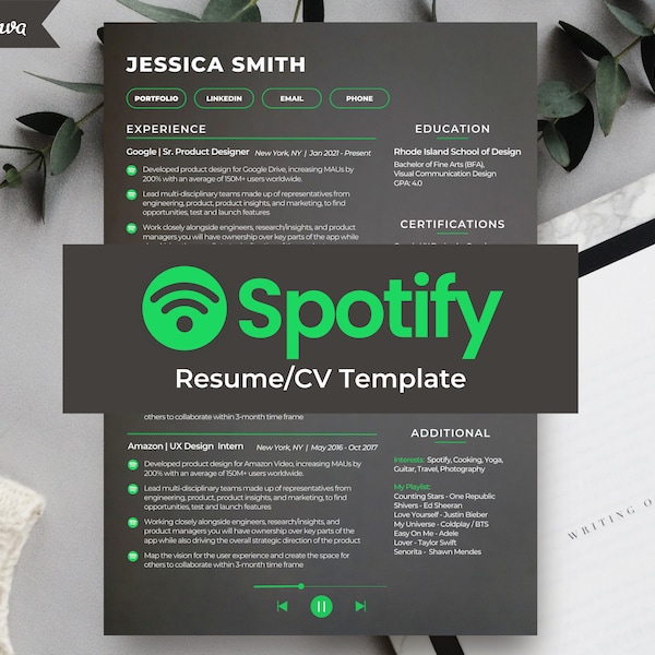 Spotify Resume Template | 2024 ATS Friendly Resume, CV, and Cover Letter Canva Templates | Professional Resumes for FAANG, Best Resume