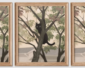 May include: Three framed prints of cats in trees. The cats are black and white, brown and white, and black. The trees are green and brown. The background is a light brown.
