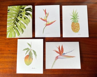 Hawaii Botanical Variety Blank Note Cards - Set of 5. Monstera leaf, Bird of Paradise, Pineapple, Heliconia, Mango. Watercolor Art.