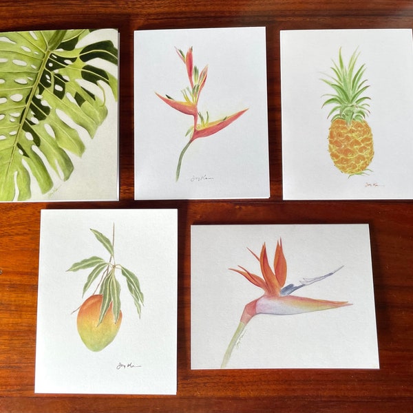 Hawaii Botanical Variety Blank Note Cards - Set of 5. Monstera leaf, Bird of Paradise, Pineapple, Heliconia, Mango. Watercolor Art.