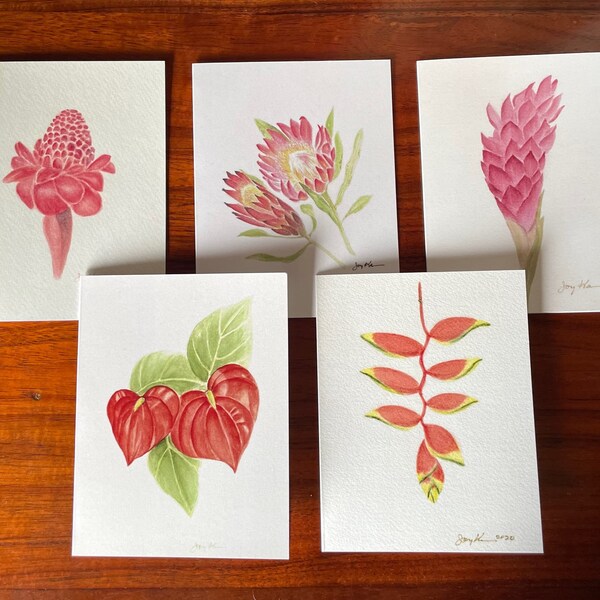 Hawaii Botanical Variety Blank Note Cards - Set of 5. Anthurium, Protea, Lobster Claw Heliconia, Red Ginger, Torch Ginger. Watercolor Art.