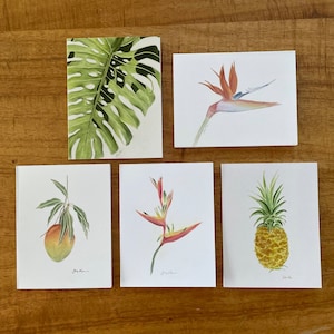 May include: Five watercolor greeting cards featuring botanical illustrations. The cards feature a green monstera leaf, a red and orange bird of paradise flower, a red and orange heliconia flower, a green mango, and a yellow pineapple.