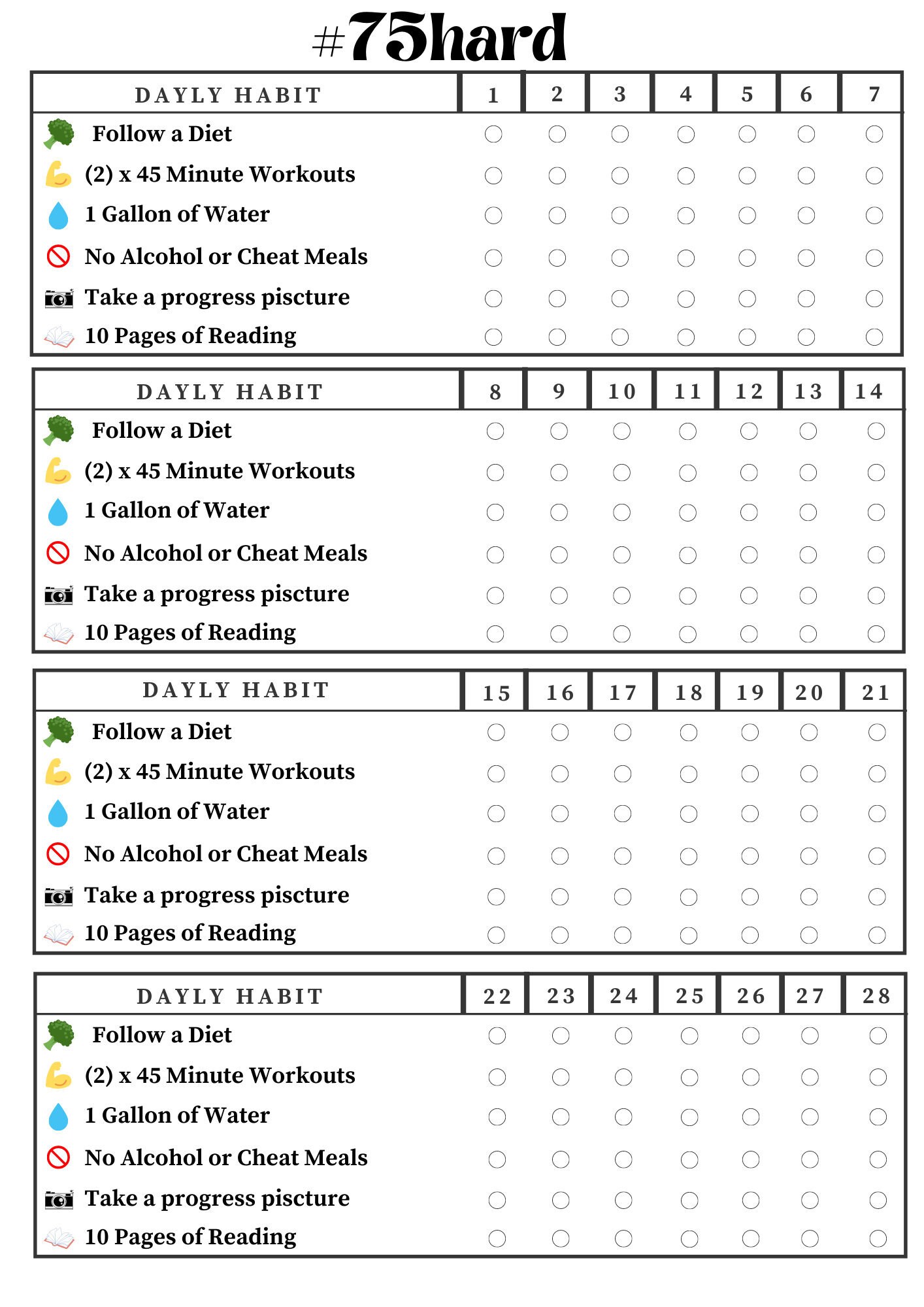 75 Day Hard Challenge Printable