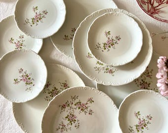 Set of 10 Vintage French Porcelain Plates – 5 Dinner Plates & 5 Dessert Plates – Pink Floral Pattern – Chartres Porcelain