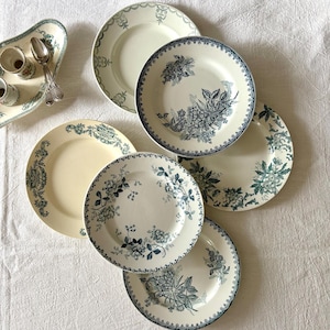 6 mismatched antique ironstone flat plates with blue and green floral decorations, St Amand, Moulin des Loups, Longchamp.