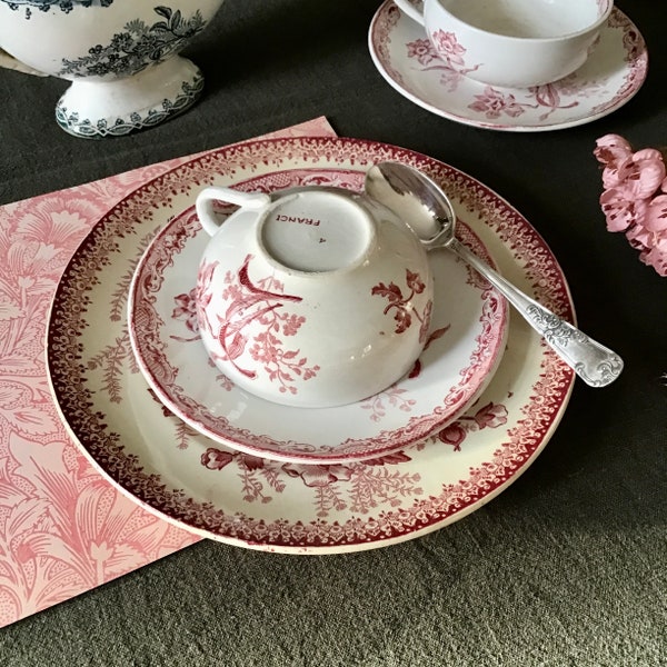 Superbe tasse à chocolat ancienne et soucoupe en terre de fer, à décor floral rose, Fontanges Sarreguemines