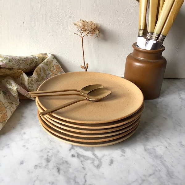 6 vintage sandstone dessert plates speckled beige