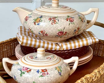 Vintage Floral Ceramic Teapot & Sugar Bowl Set – Cottagecore Tea Service, Romantic English Country Style, Pink Floral Kitchen Decor