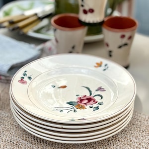 Peut inclure: Une pile de six assiettes crème avec un motif floral comprenant des roses roses, des feuilles vertes et des accents orange et jaunes. Les assiettes ont une fine bordure marron. Des tasses assorties sont en arrière-plan.