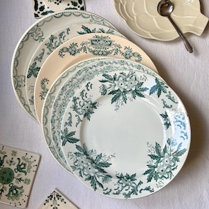 6 mismatched antique ironstone flat plates with blue and green floral decorations, St Amand, Moulin des Loups, Longchamp.