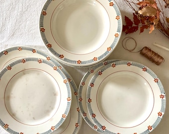 Antique French Ironstone Dinner Set, 14 Pieces, Saint-Amand Parame Pattern, Green & Ochre Floral Border, Plates, Cake Stand, Oval Platter