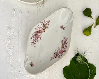 Antique Limoges Style Porcelain Ravier, small serving dish, floral pink transferware serving platter, French cottage decor