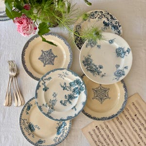 6 mismatched antique flat ironstone plates with matching blue decorations on a white background, Sarreguemines, Jules Vieillard, Choisy