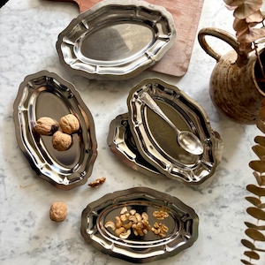 Set of 5 Vintage French Stainless Steel Serving Dishes, Scalloped Edge Ravier Trays, Mid Century Tableware, Small Oval Serving Platters