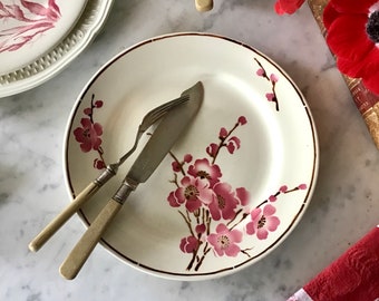 Old flat iron earthenware plate with delightful cherry blossom decoration, pink and brown colors, St Amand