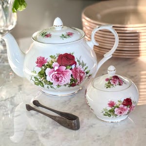Vintage English Floral Teapot and Sugar Bowl Set, Fine Bone China Tea Set, Pink Rose Teapot, Cottagecore Tea Party Decor