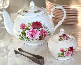 Vintage English Floral Teapot and Sugar Bowl Set, Fine Bone China Tea Set, Pink Rose Teapot, Cottagecore Tea Party Decor