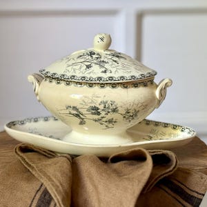 Superb antique sauceboat on frame, with lid, in ironware, with light grey floral motifs on a cream background, without stamp