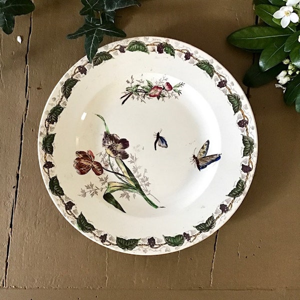 Magnifique assiette plate ancienne en terre de fer à frise végétale et décor de fleurs et papillons en polychrome, Pexonne