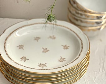 Set of 6 Vintage French Porcelain Soup Plates, Cream and Gold Deep Plates, C.G Royal Porcelaine Vierzon