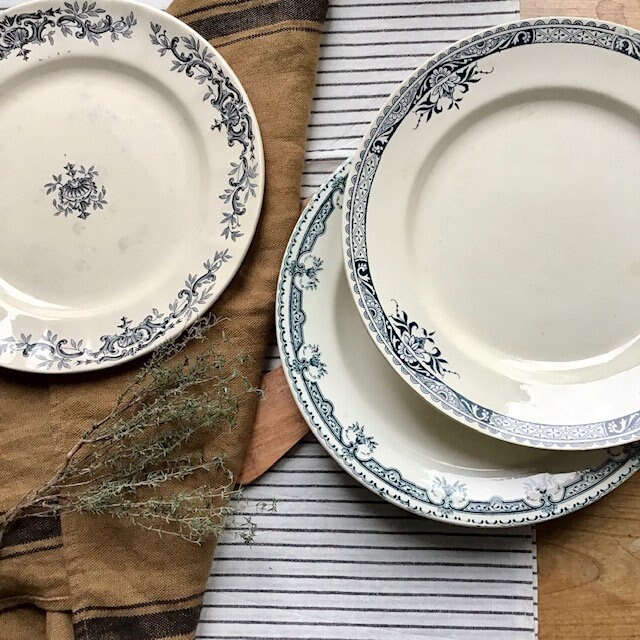 Assiettes Anciennes X3 en Terre de Fer Dépareillées à Guirlande Coloris Bleu-Gris, Salins, Longchamp