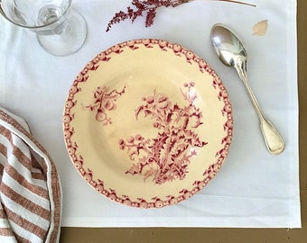 Old hollow iron earthenware plate with frieze and floral motifs, dark red color on a patinated ivory background, Gien