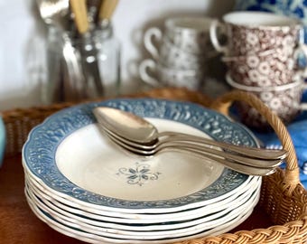 Set of 8 Vintage French Soup Plates Blue Relief Fruit Garland – Sarreguemines Style Ceramic Bowls
