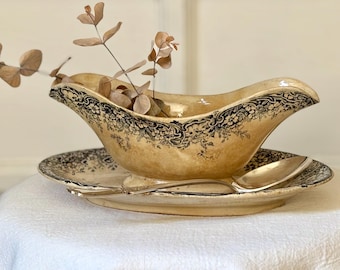 Antique French Ironstone Gravy Boat with Attached Stand, Creil and Montereau, Blue Floral Transferware Sauce Boat
