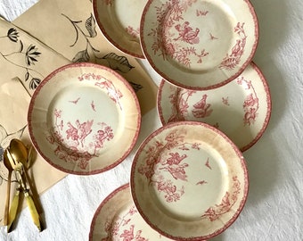 6 superb old iron earth dessert plates with relief edge and decoration of pink flowers and birds on a patinated background, Nimy