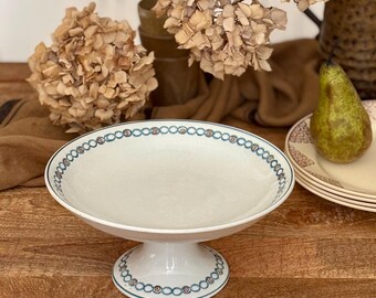 Vintage Longwy France Pedestal Compote Bowl, French Faience Fruit Bowl, Blue & Brown Geometric Border, Mid-Century Ceramic Centerpiece