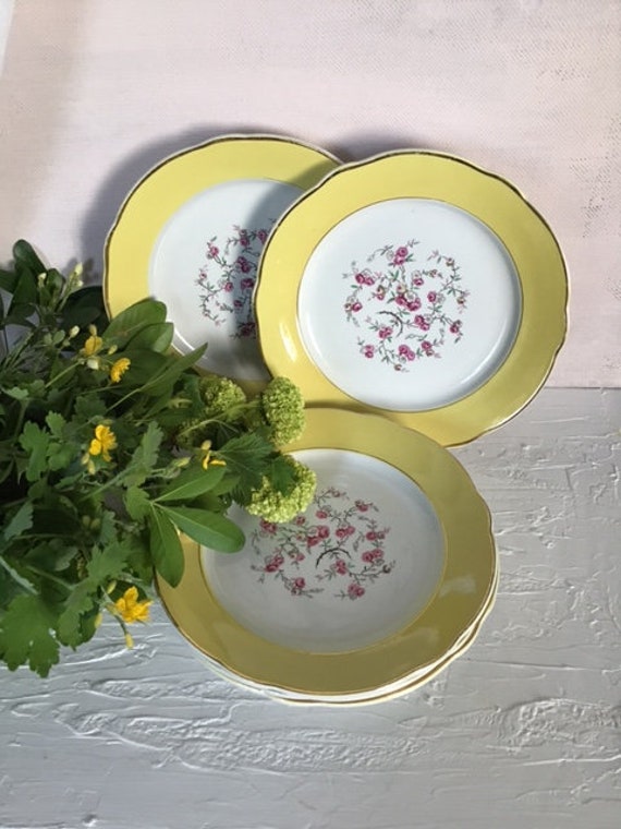 Assiettes Plates Anciennes X6 Lunéville à Fleurs Roses et Aile Jaune