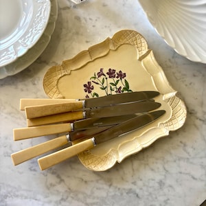 May include: A set of six butter knives with ivory-colored handles and stainless steel blades, arranged on a decorative tray. The tray is cream-colored with a floral design and a textured border. Additional white plates are visible in the background.