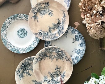 6 mismatched old iron earth dessert plates with blue and green decoration on a patinated background, Creil Montereau, Choisy-le-Roi, St Amand