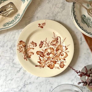 Peut inclure: Assiette crème avec un motif floral marron représentant des pensées. L'assiette a un bord légèrement festonné et fait partie d'un service de table vintage. D'autres assiettes avec des motifs verts et blancs sont visibles.
